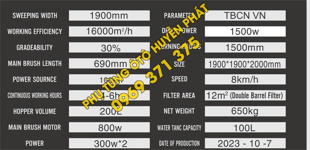 THONG SO KY THUAT XE QUET RAC HUT BUI BANG DIEN